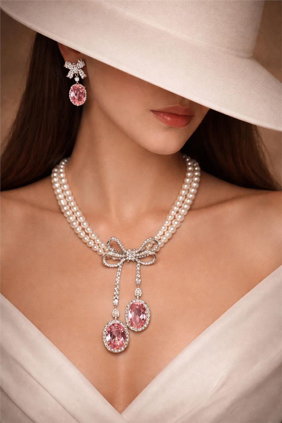 Joanne Fiyonk Detaylı İnci Kolye Pembe Taşlı – Vintage Lüks Statement Kolye-Küpe Set